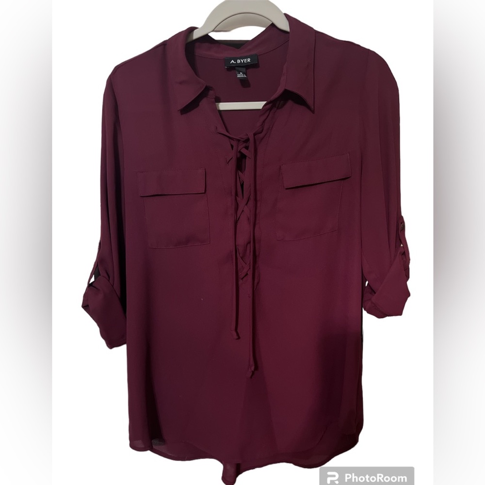 A.BYER blouse Medium cuffed button sleeves Cranberry front pockets front lace up